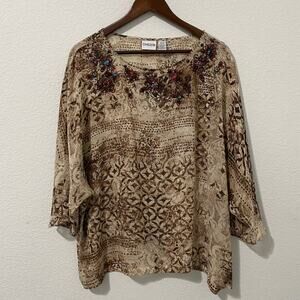 Chicos Blouse Top Women's Size 16 Embroidered 3D Beaded Sheer Brown Pattern